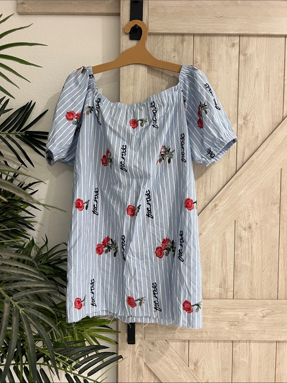 Off-Shoulder Mini Dress with Red Rose Embroidery